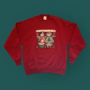 Vintage Christmas Snowman Sweatshirt X Large Red Holiday Time Puff Paint Graphic